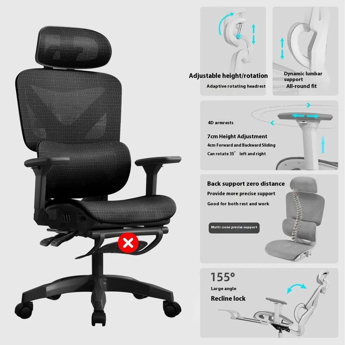Ergonomic gaming chair with black frame, mesh seat, 4D adjustable armrests, and footrest on a neutral background