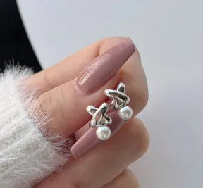 Micro pearl pendant X-shaped 925 silver earrings for women in gold finish