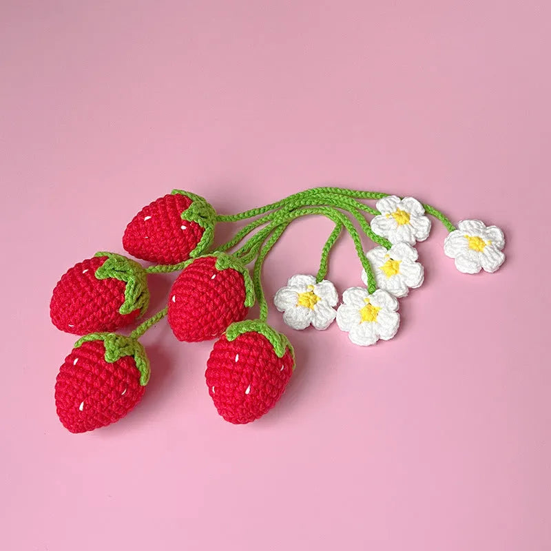 Handmade wool crochet strawberry pendant necklace with red fruit charm on 35cm cord