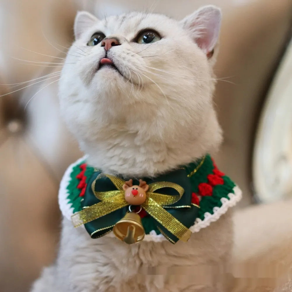 Knitted wool Christmas scarf for pets featuring festive patterns like striped Santa and elk, shown attached to a dog collar.