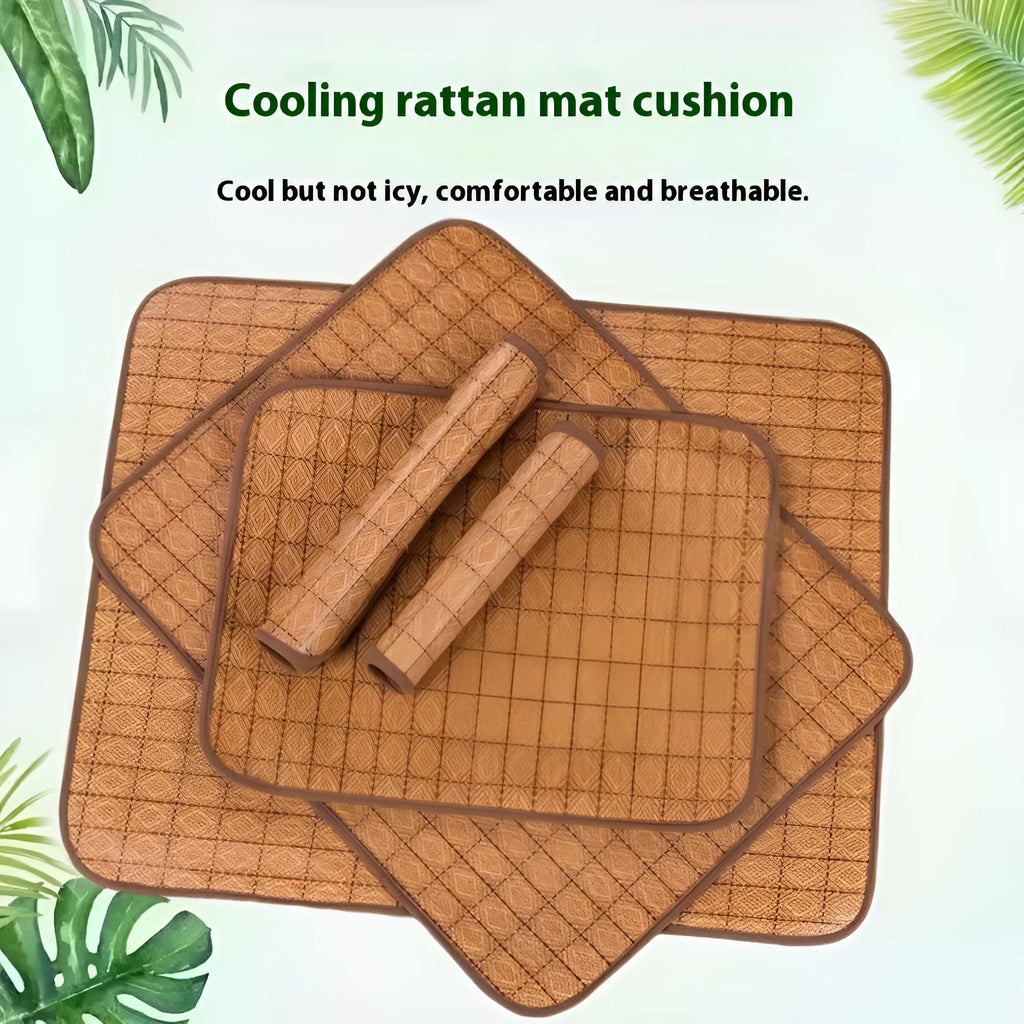 Brown rattan fibre dog cooling mat showing woven texture and multiple size options
