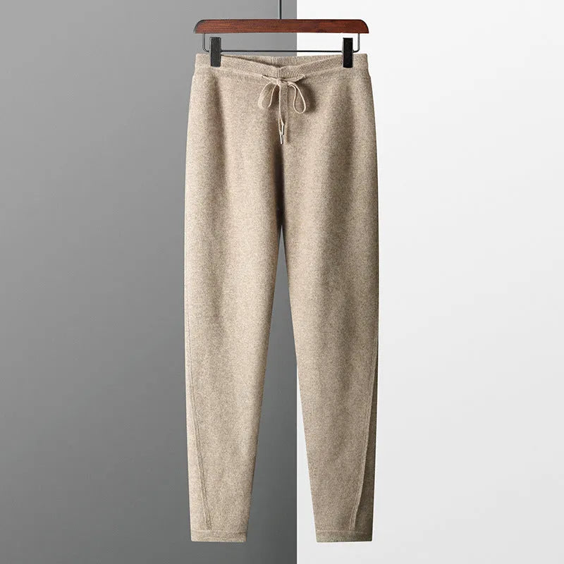 Four flat split thickening casual trousers in cashmere blend, camel colour, mid waist straight leg