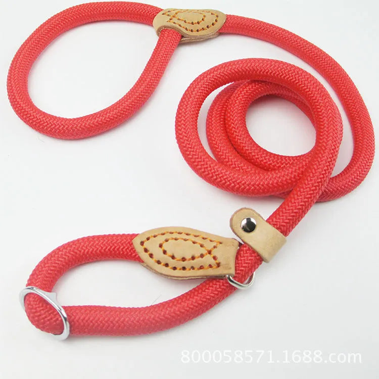 Brown nylon dog leash with a padded hand-holding rope and P chain clip, shown at full 2.1-metre length.