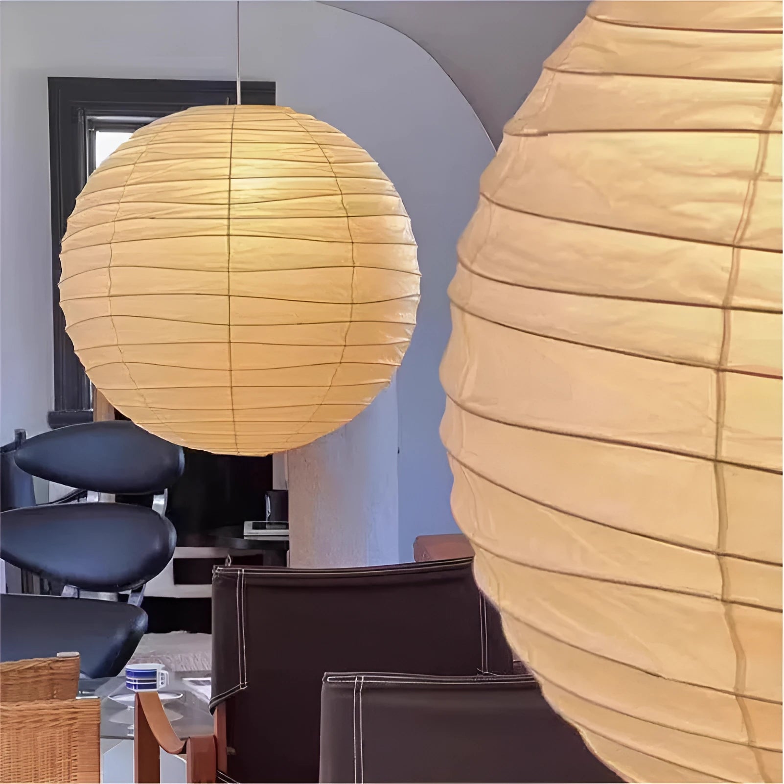 Japanese-style rice paper ball pendant chandelier with dimmable light.