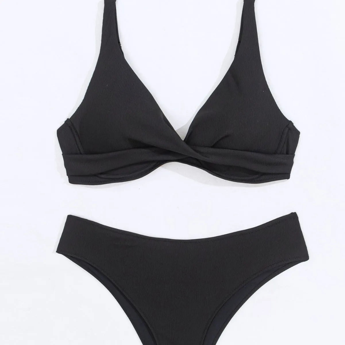 Women's solid colour ribbed fabric bikini swimsuit two-piece set on a hanger.