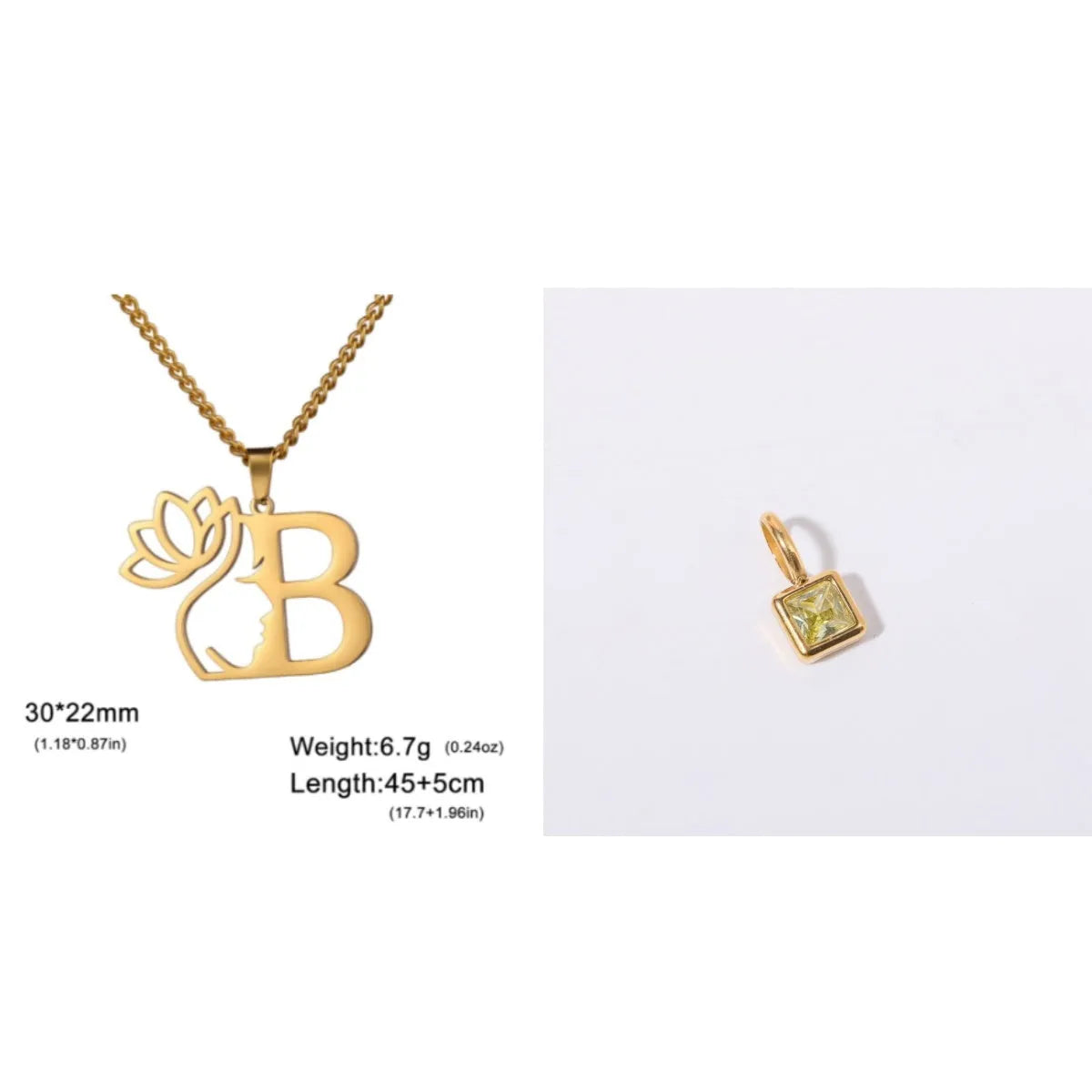 Stainless steel necklace with cross chain and a single initial pendant in a gold or silver finish.