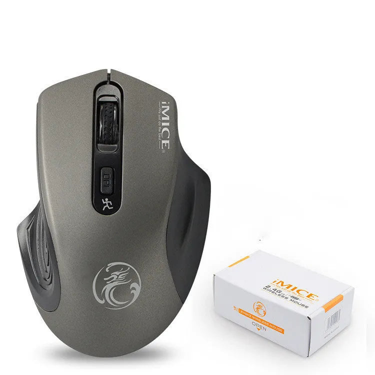 2.4G wireless silent mouse in black with ergonomic design, four buttons, and four-way scroll wheel