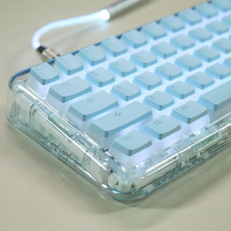 Double Skin Milk Pudding closed PBT transparent keycaps in pink and white for mechanical keyboard with RGB backlight visible