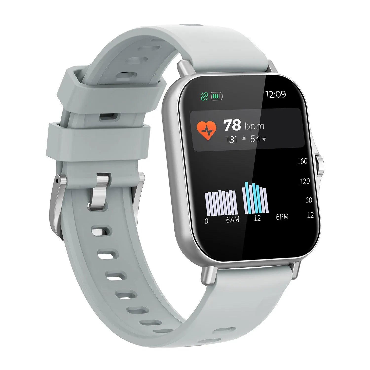 Bluetooth smart watch with heart rate and blood pressure monitoring on wrist, showing 1.75-inch curved touch screen