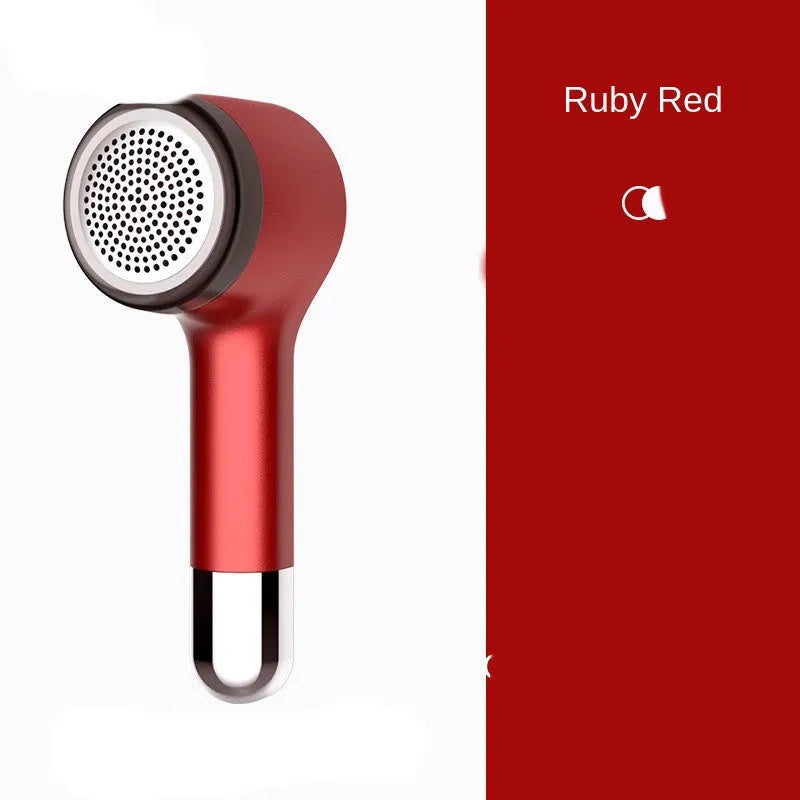 USB rechargeable hair ball trimmer with stainless steel cutting net on an ABS plastic body.