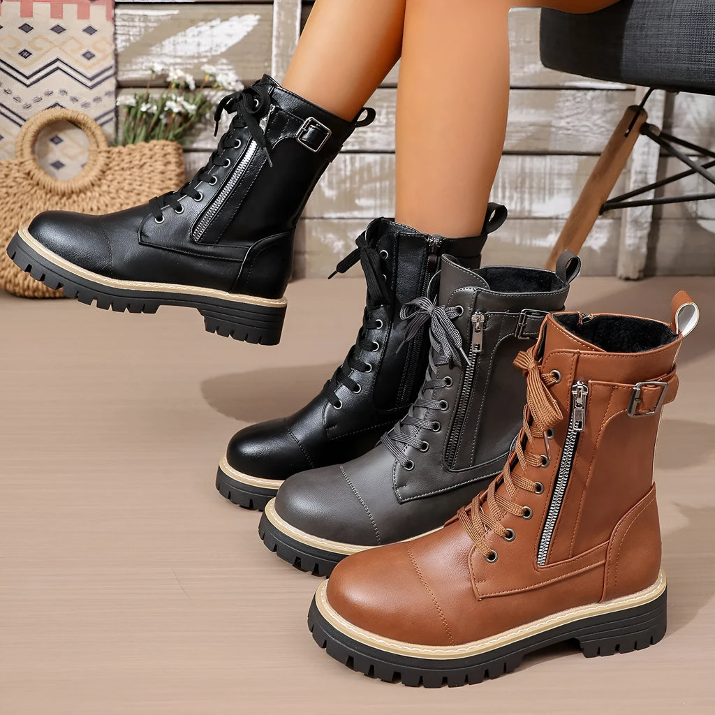 Women's solid colour cowhide low heel middle boots in black
