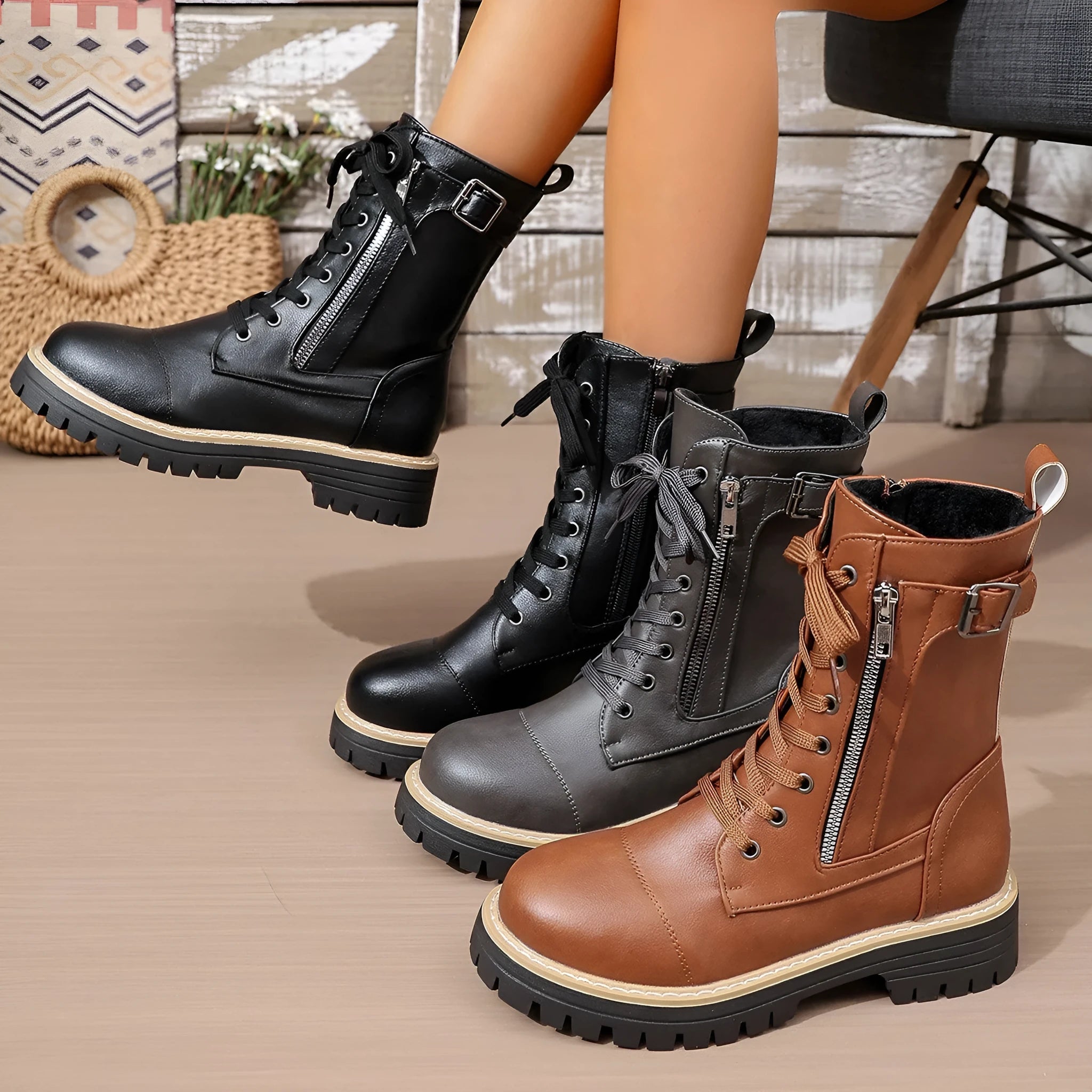 Women's solid colour cowhide low heel middle boots in black