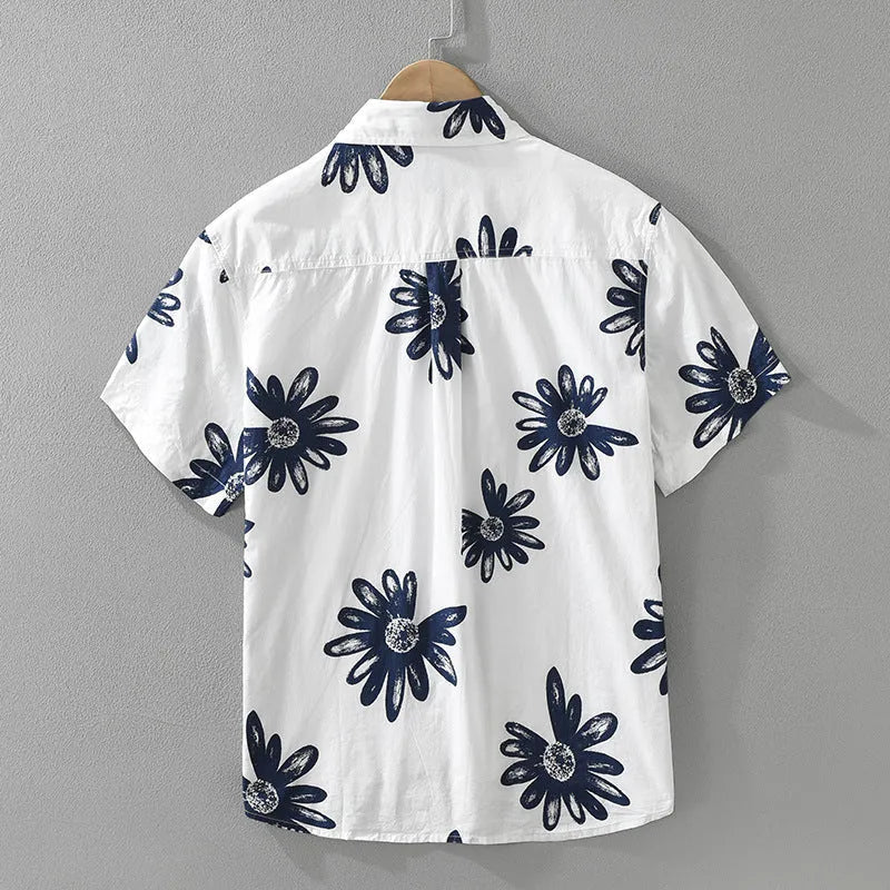 Japanese printed short sleeve shirt in loose cardigan style, cotton blend fabric, white and apricot colours