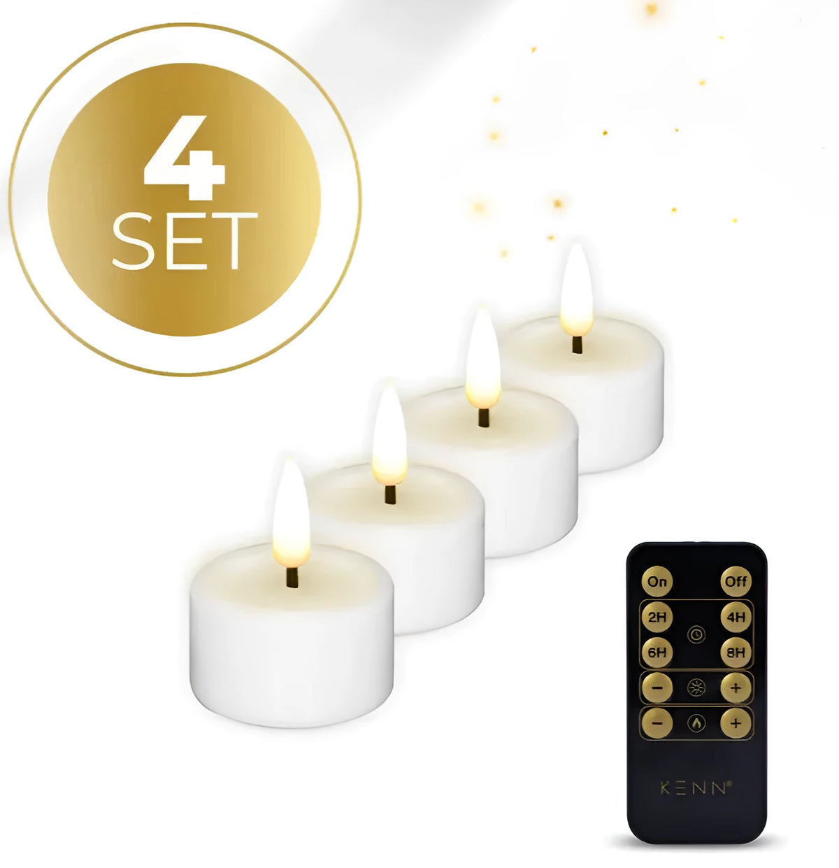 Four white LED tealight candles with realistic flame effect on a wooden table