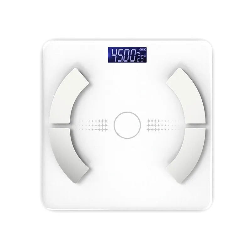 Smart Bluetooth rechargeable body fat scale in white, black, or pink on a bathroom floor.