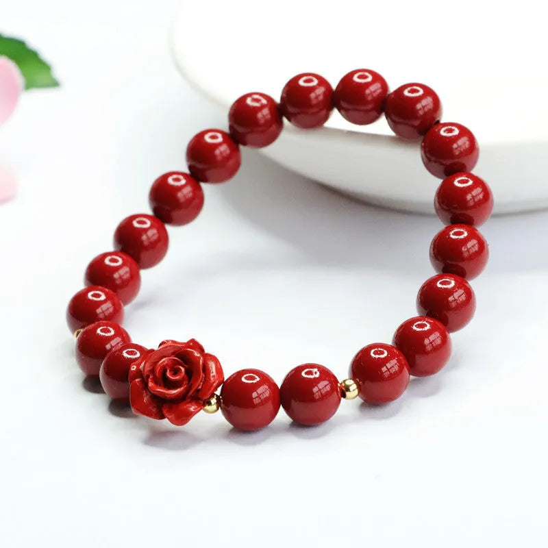Natural cinnabar bracelet with purple gold sandstone rose pendant, 8mm bead size