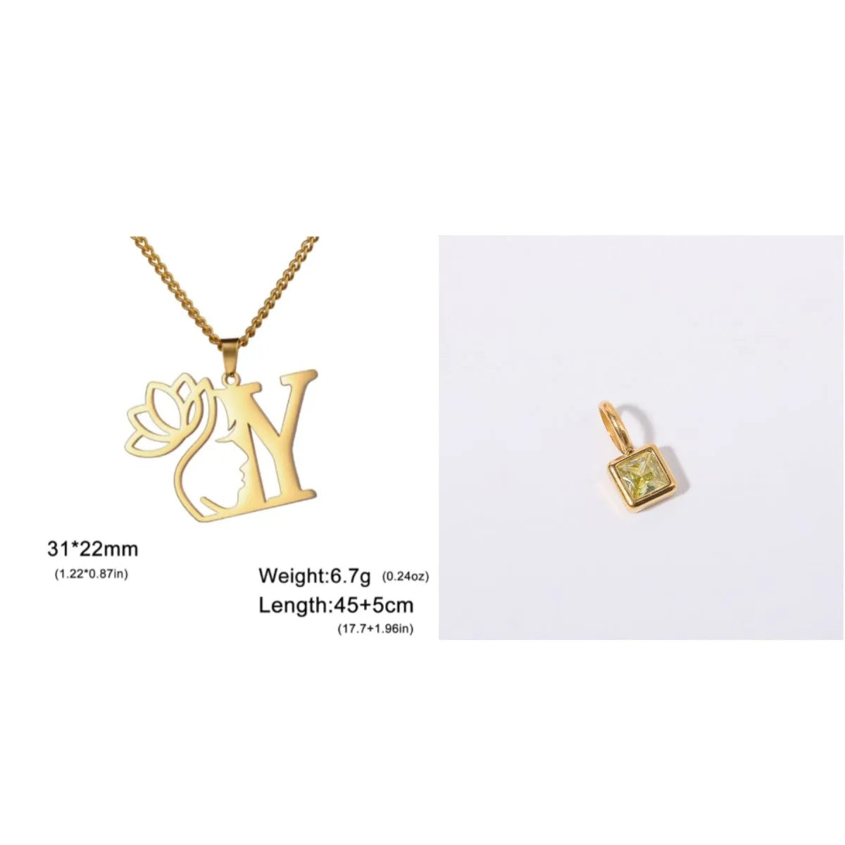 Stainless steel necklace with cross chain and a single initial pendant in a gold or silver finish.