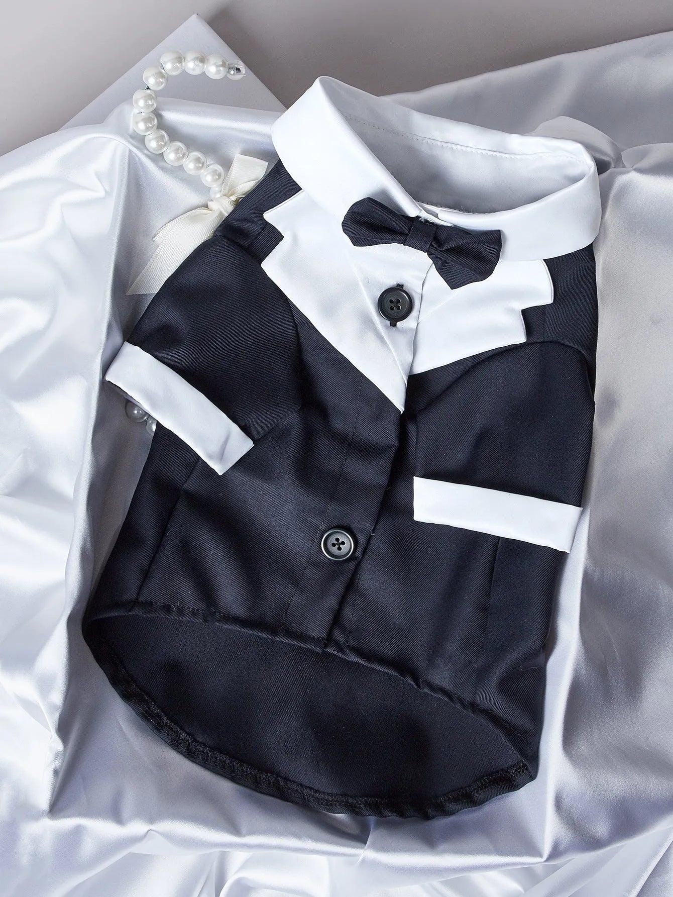 A dog wearing a black Chinese-style four-legged gentleman suit, a formal wedding tuxedo for pets.