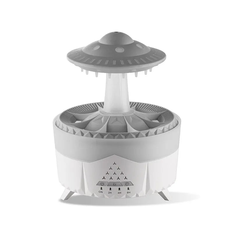 White cloud-shaped UFO raindrop humidifier with water mist and coloured lights