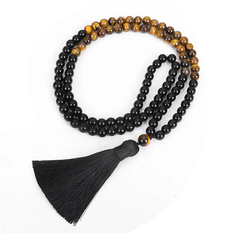 Tiger eye stone tassel necklace and bracelet set with ball bead chain and drop pendant