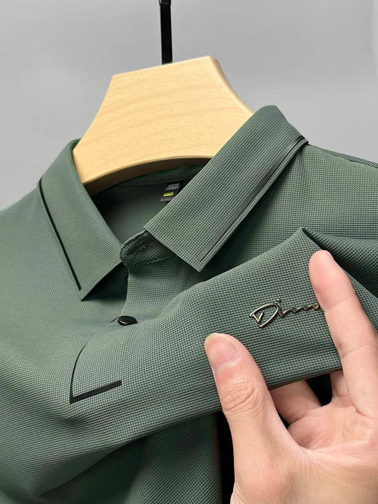 Men's ice silk short sleeve shirt collar summer polo shirt, loose fit, solid colour, nylon fabric, casual top