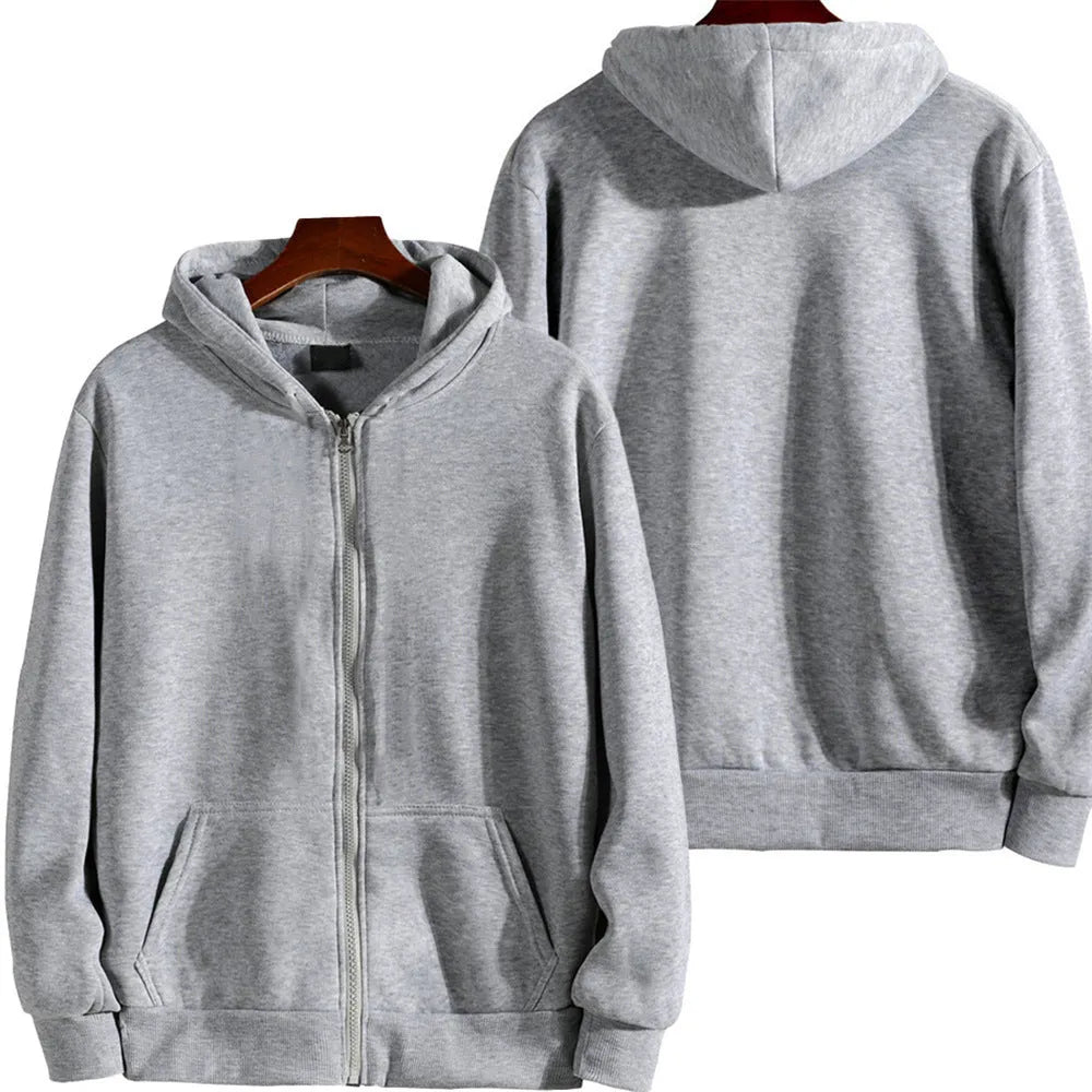 A man's loose fit solid colour zip-up sports jacket in a cardigan style.