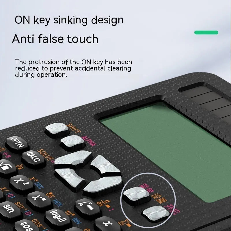 Black foldable 2-in-1 scientific calculator with handwriting tablet on blue LCD screen, ABS body, portable design