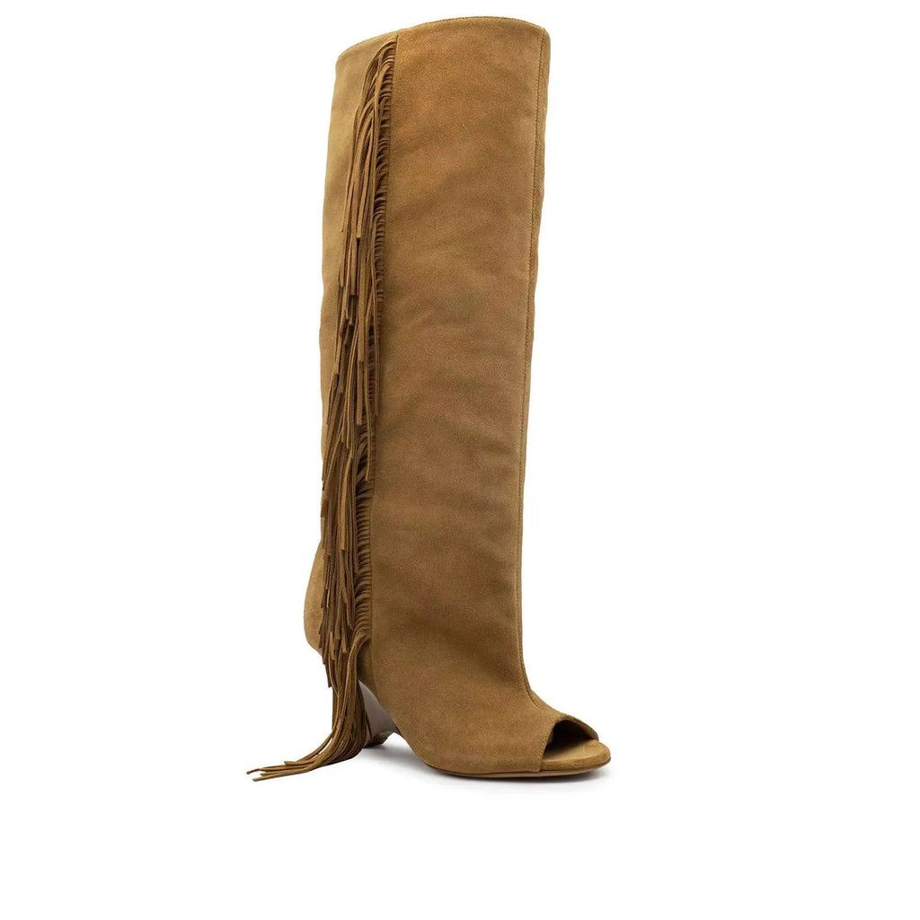 Women's peep toe wedge suede sandal boots with tassels, available in apricot colour, side view