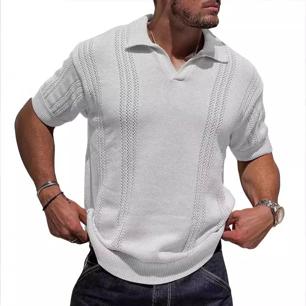 Men's knitted polo shirt short sleeve V-neck hollow in black cotton blend loose fit