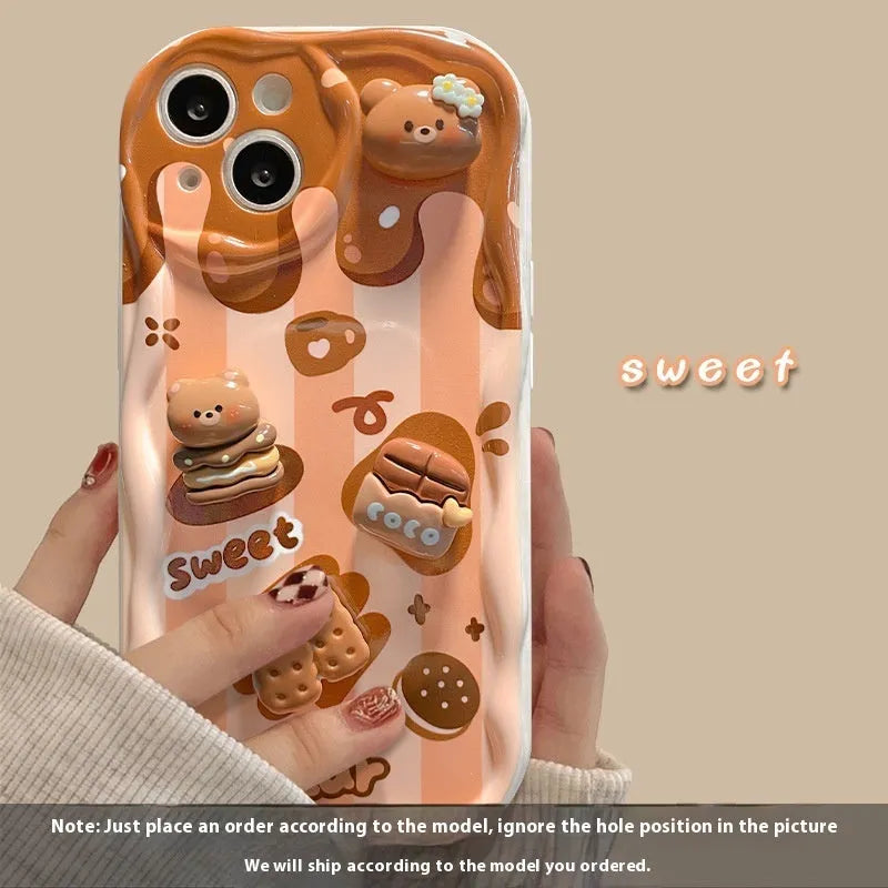 Cream pattern silicone phone case with chocolate doll lanyard for Apple iPhone anti-fall protection