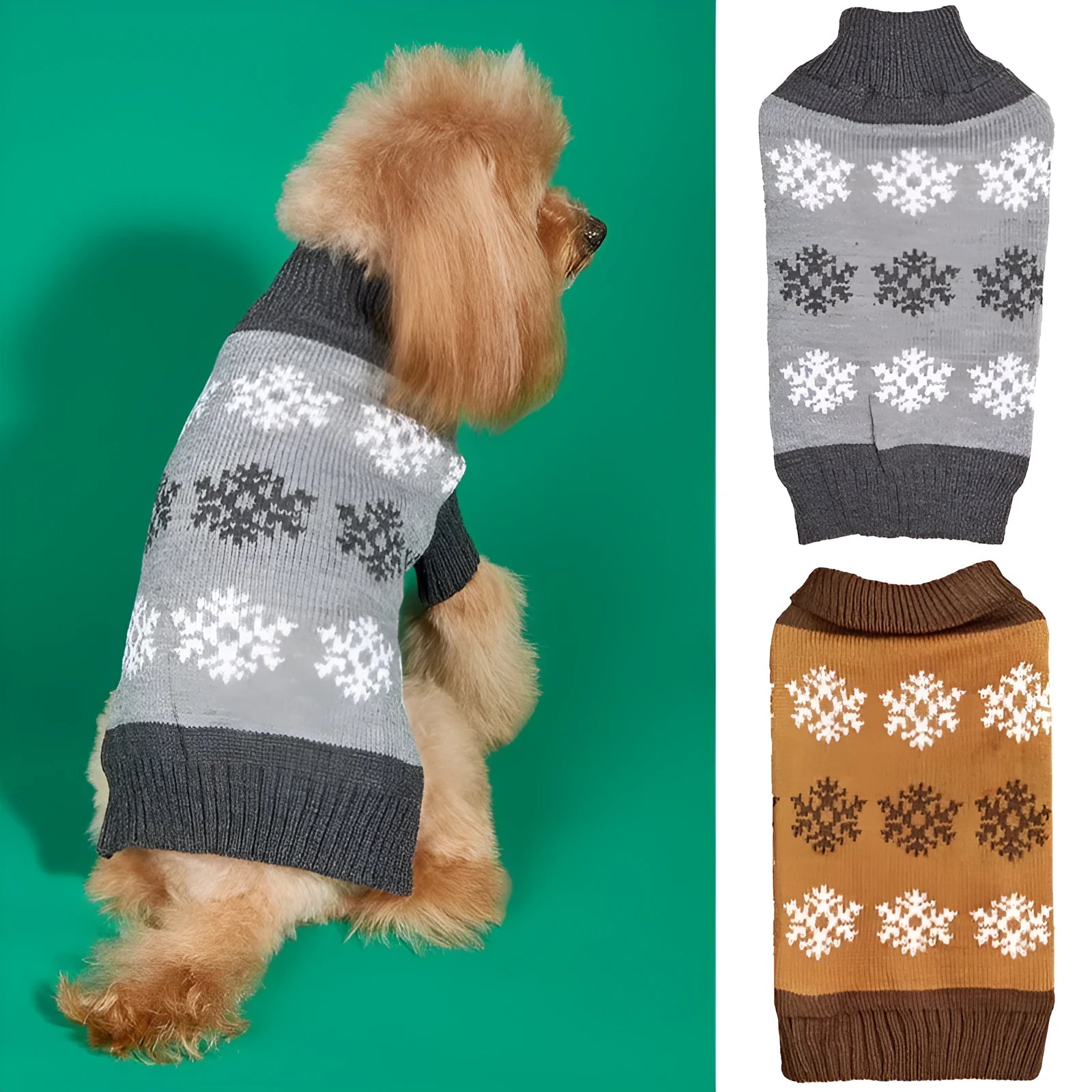 Grey dog sweater with white snowflake pattern on a small dog, showing knitted acrylic texture.