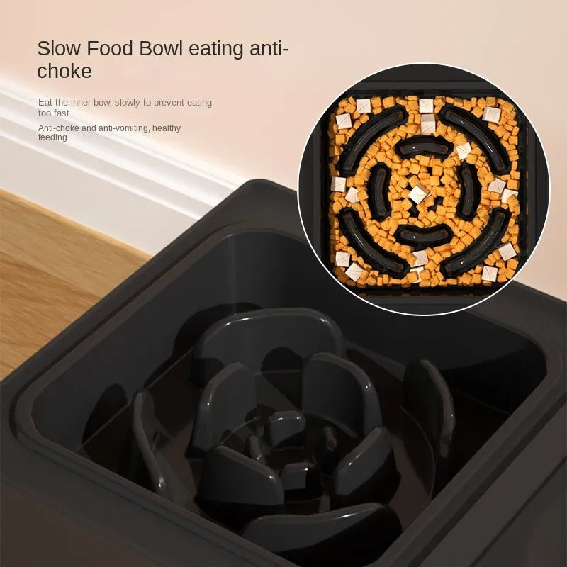 Adjustable height grey dog feeding stand with two stainless steel bowls on an anti-slip base
