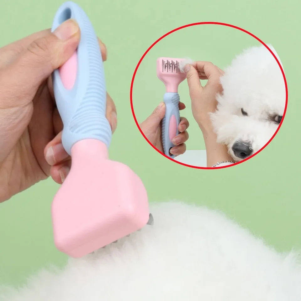 Pink stainless steel dog comb with integrated knot cutting blade for pet grooming