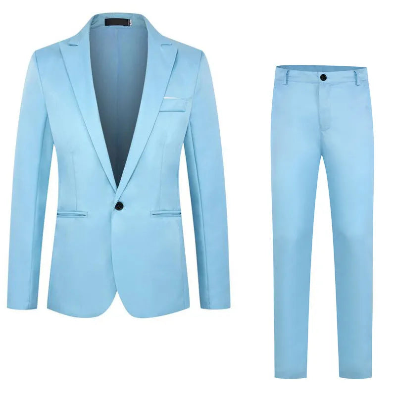Men's loose fit suit jacket for weddings in various colours including black, blue, and wine red.