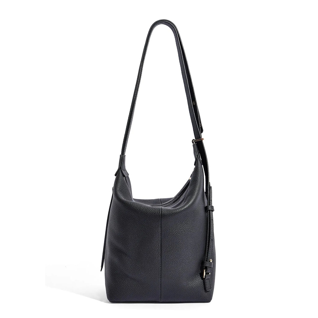 Soft genuine cowhide leather women's bucket shoulder bag in elephant grey colour