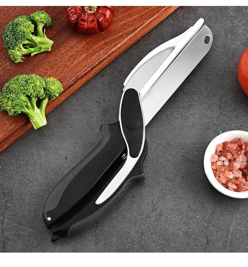 Black multifunctional 2-in-1 removable stainless steel kitchen scissors with straight head on white background