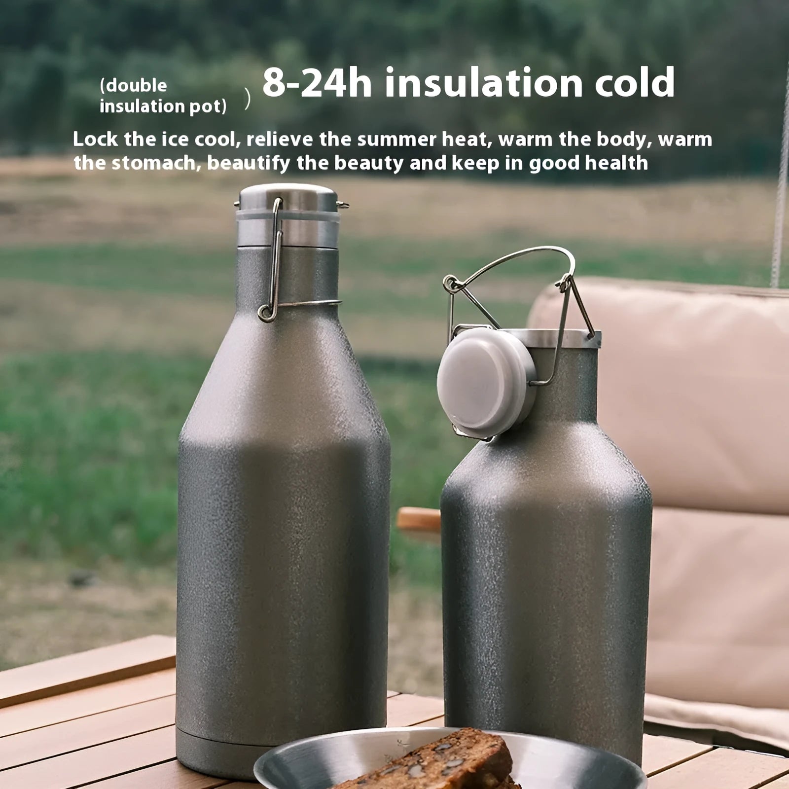 Large stainless steel outdoor thermal pot with handle for portable use during camping and picnics