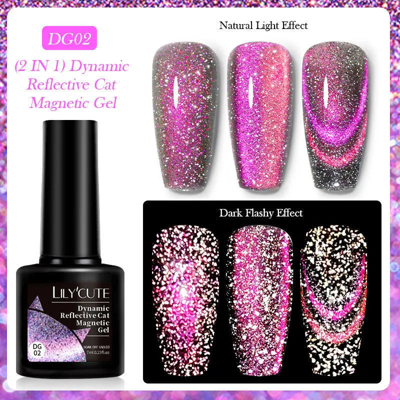 Cat eye nail polish gel with diamond glitter fragments in six colour style options including fluorescent UV brilliant variations