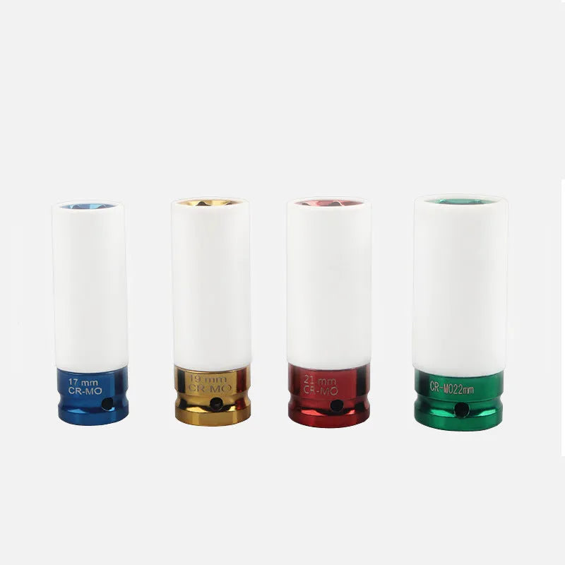 Single 45# steel hexagon impact socket for pneumatic wrenches in 17mm, 19mm, 21mm, or 22mm size.