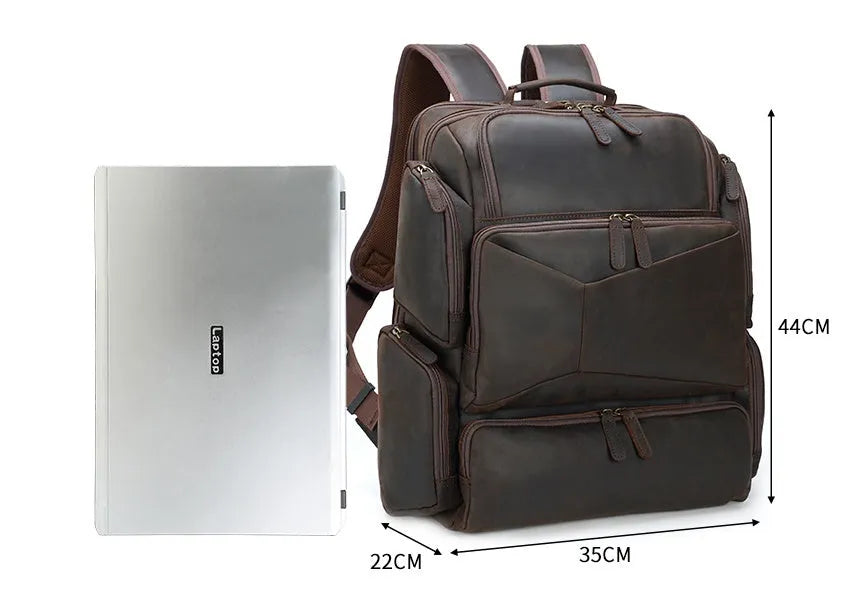 Dark brown leather backpack for men with 17-inch laptop compartment and multiple internal organisers