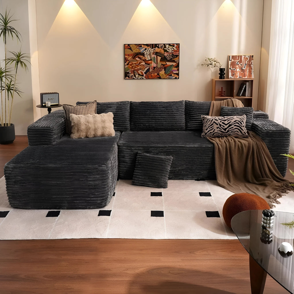 Modern minimalist flannel sofa in beige with clean lines suitable for living room or office setting