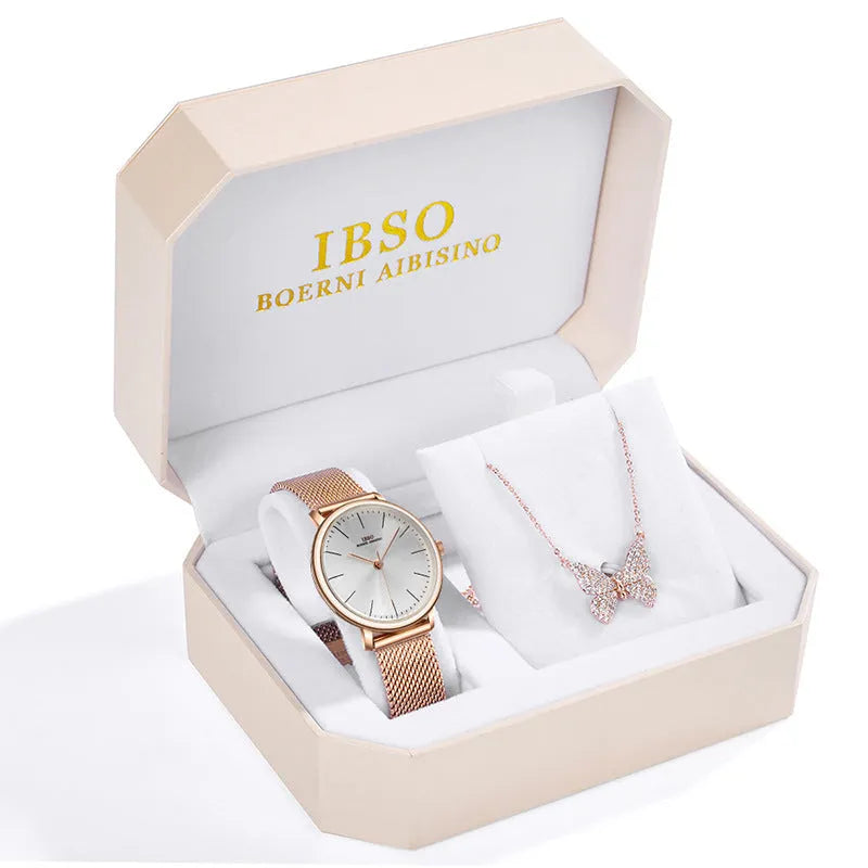 Rhinestone butterfly necklace quartz watch with round dial, alloy strap, and pin buckle