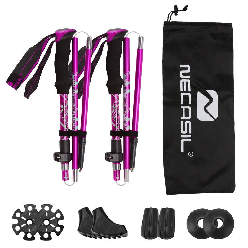 Aluminium alloy hiking cane with adjustable height, black colour, folded for storage