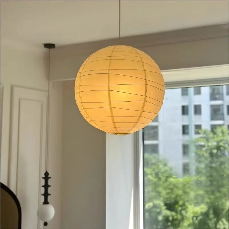 Japanese-style rice paper ball pendant chandelier with dimmable light.