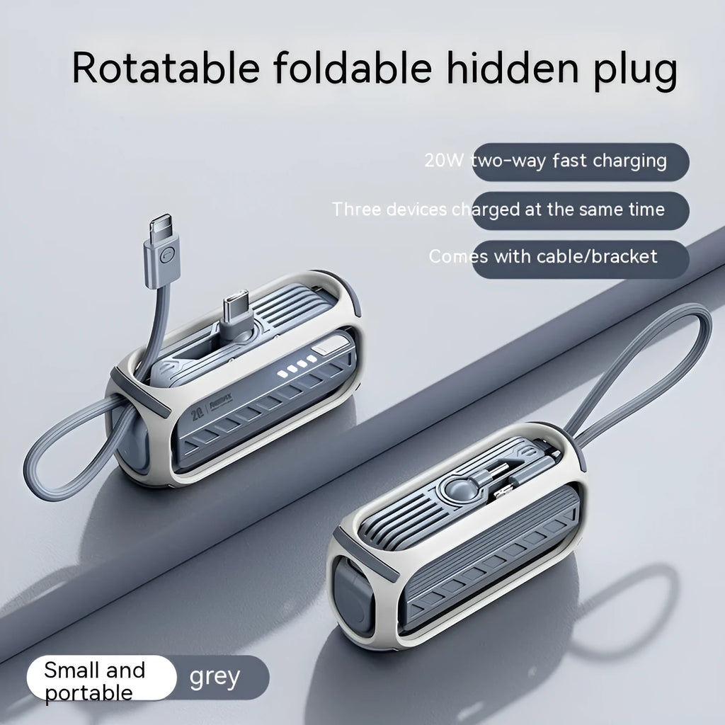 Capsule 20W 5000mAh mini power bank with folding bracket and built-in Type-C and Lightning cables in grey