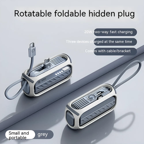 Capsule 20W 5000mAh mini power bank with folding bracket and built-in Type-C and Lightning cables in grey