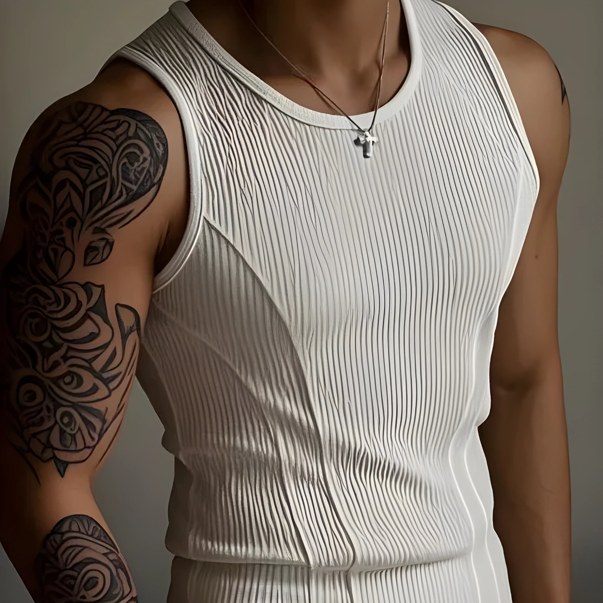 Men's black I-shaped sleeveless vest top made from polyester fabric for summer sports wear.