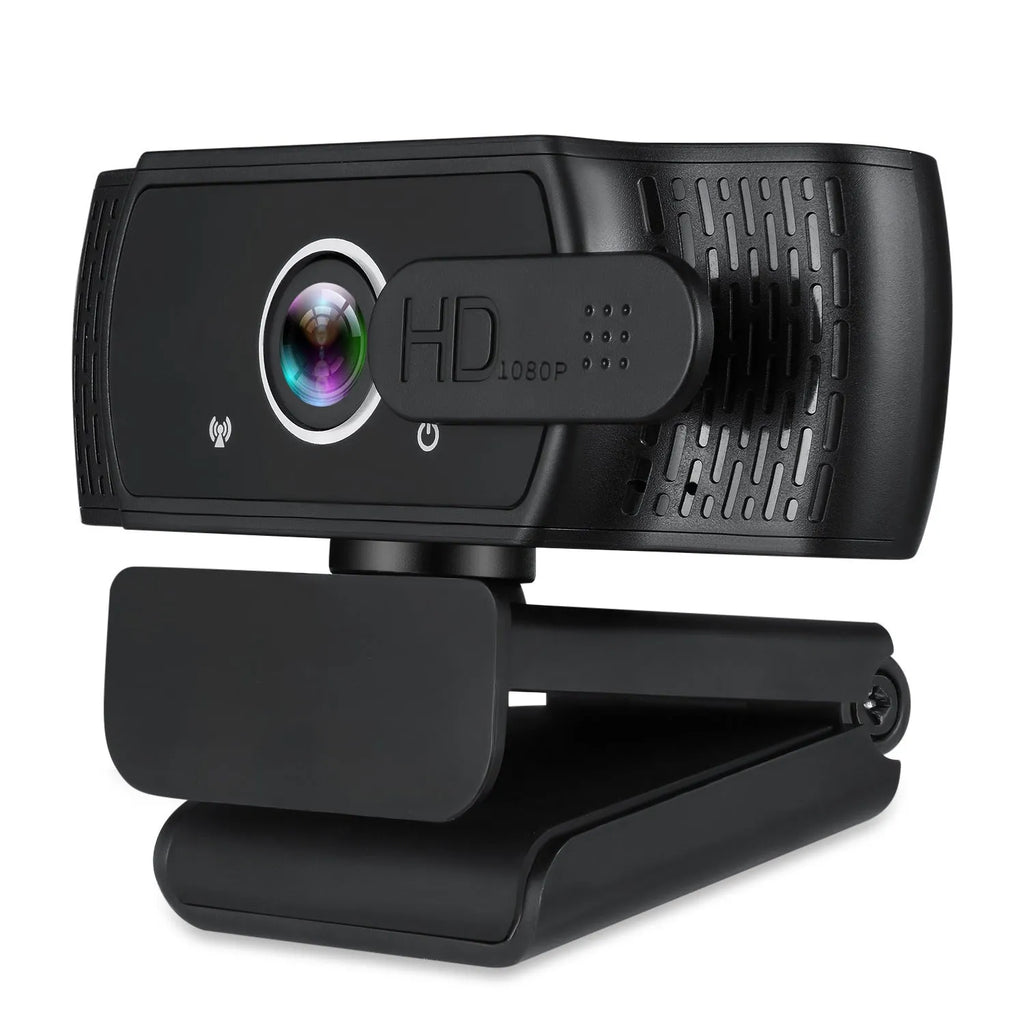 Black USB webcam with built-in microphone and universal clip for computer video calls