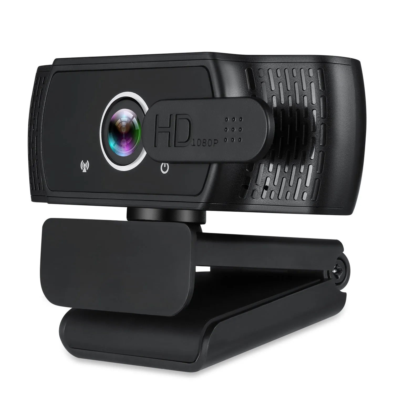 Black USB webcam with built-in microphone and universal clip for computer video calls