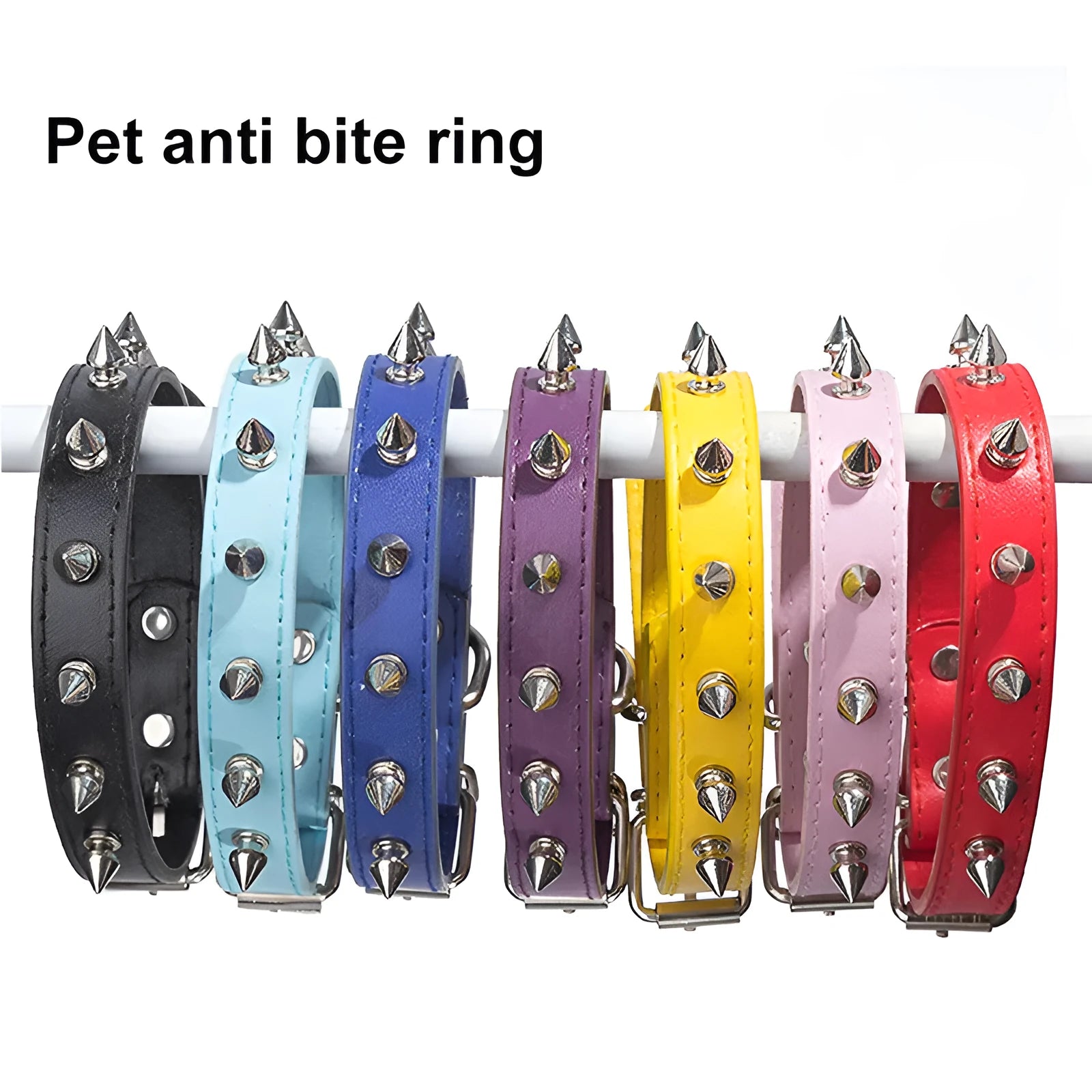 Studded dog collar in thickened PU leather with metal decoration showing alloy fastener and colour options